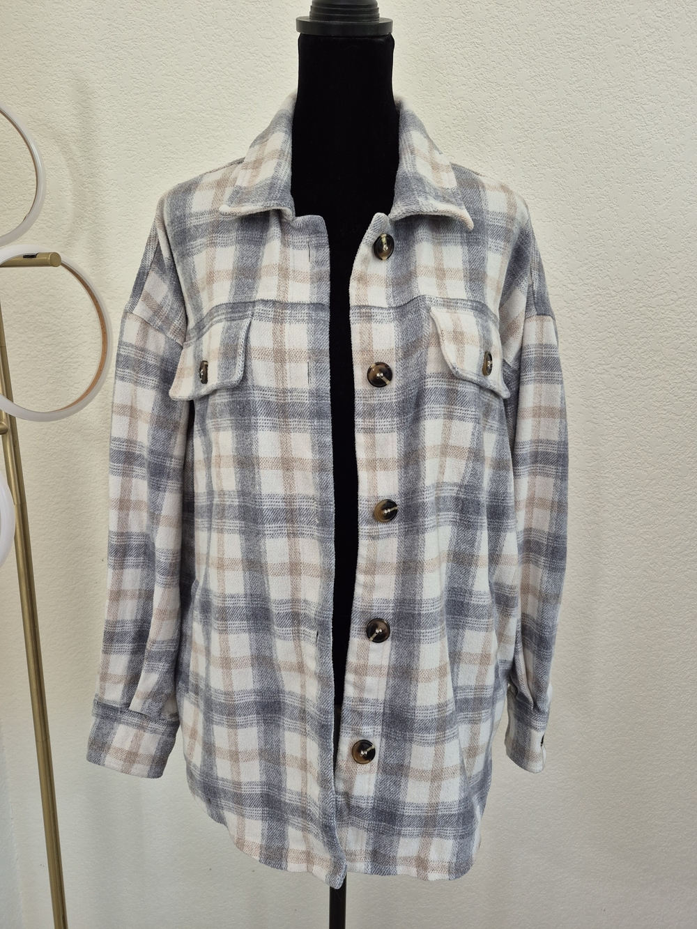 Mikarose Oversize Plaid Utility Shacket in Cream, Gray & Tan